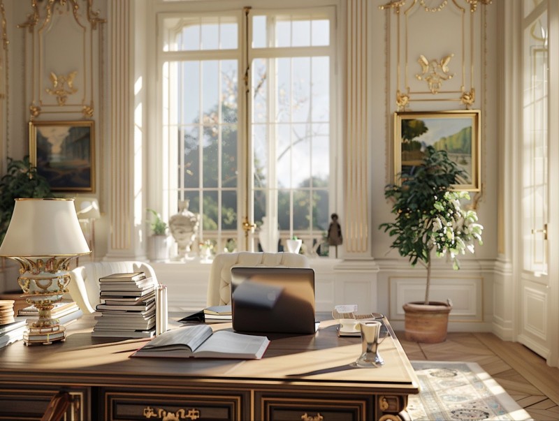 Elegantly staged West Island home office with refined decor, natural light, and strategic visual flow—capturing Sandra Boulay’s intuitive approach to selling for more.